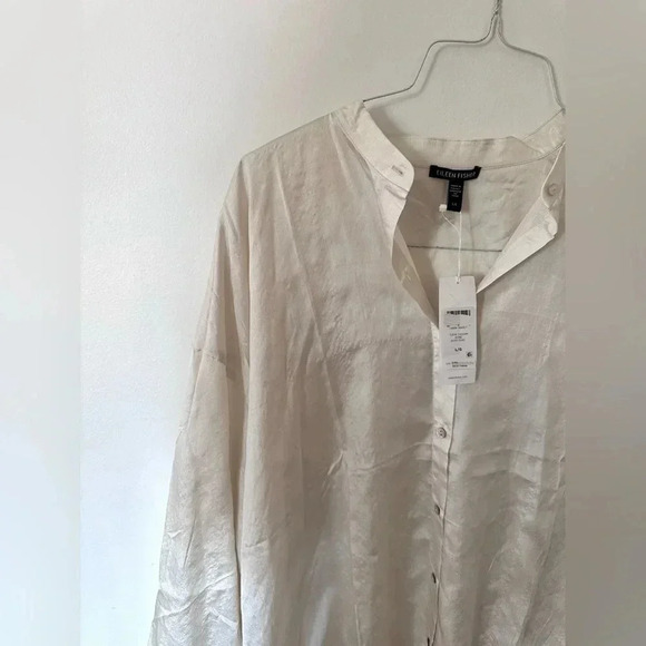 Eileen Fisher NWT 100% Silk Boxy Bone Button Up Large - Picture 7 of 14